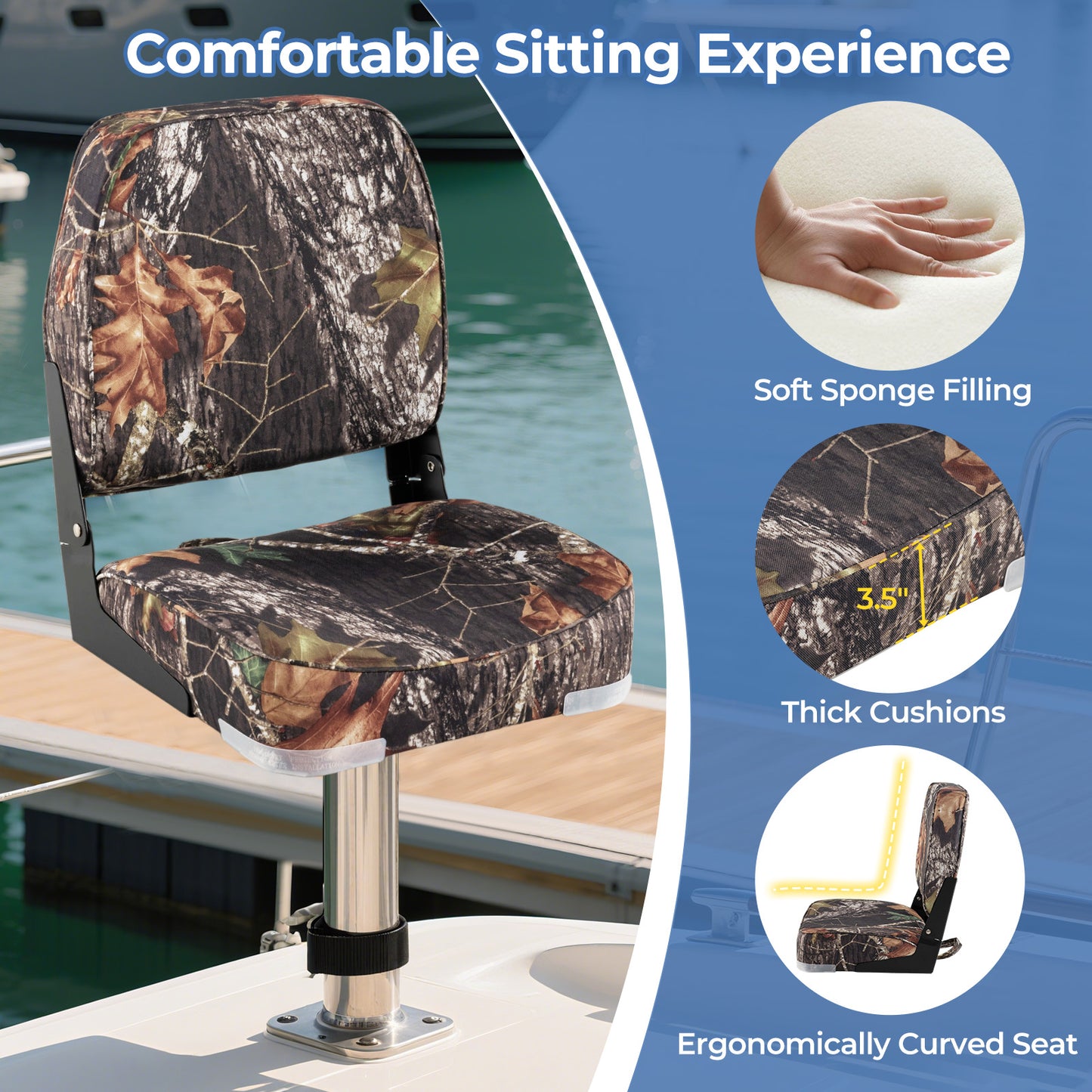 2-Pack Boat Seats Folding Low Back Boat Chairs Waterproof PVC Leather Cabin Seating-Camouflage