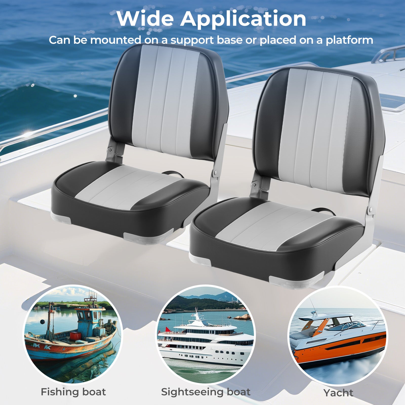 2-Pack Boat Seats Folding Low Back Boat Chairs Waterproof PVC Leather Cabin Seating-Gray