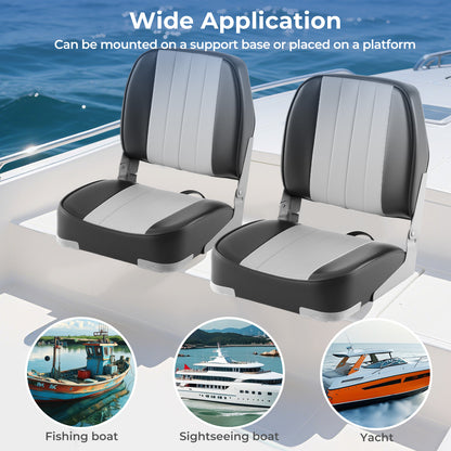 2-Pack Boat Seats Folding Low Back Boat Chairs Waterproof PVC Leather Cabin Seating-Gray