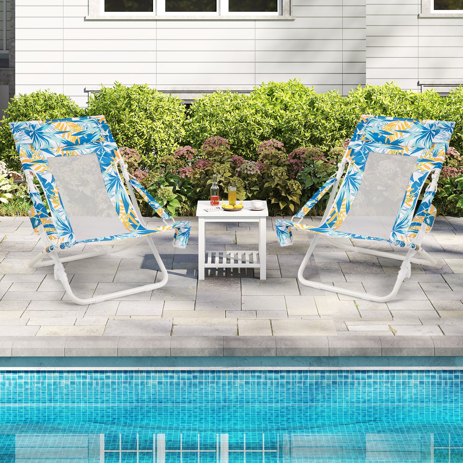 Folding Low Beach Chair Set of 2 Patio Sling Chairs with Padded Head Pillow-Blue