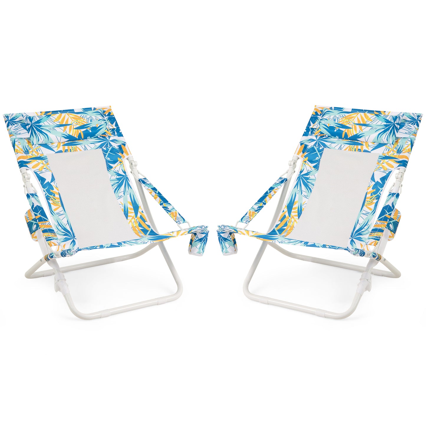Folding Low Beach Chair Set of 2 Patio Sling Chairs with Padded Head Pillow-Blue