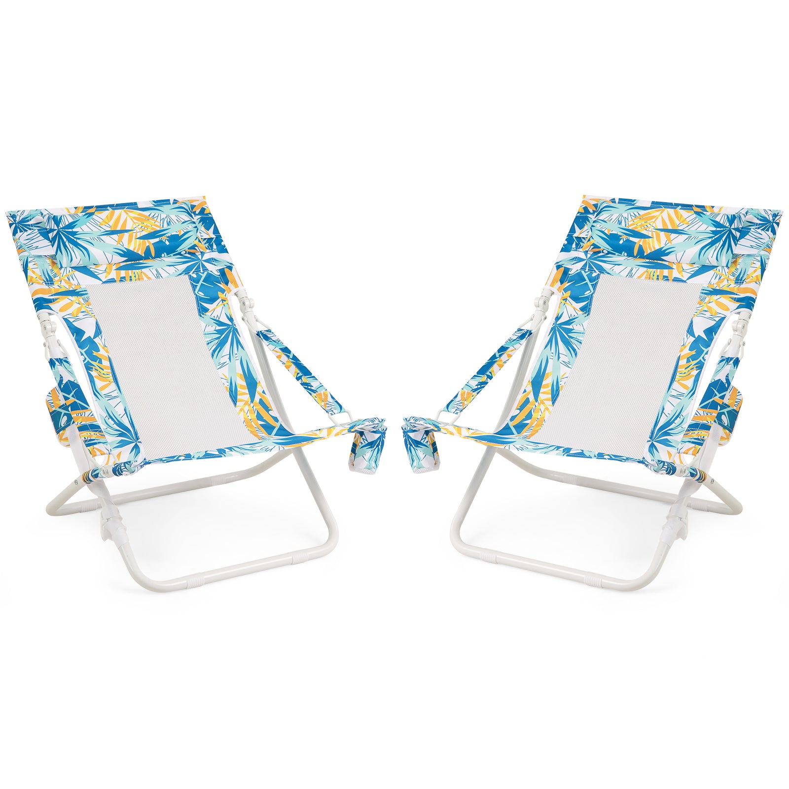 Folding Low Beach Chair Set of 2 Patio Sling Chairs with Padded Head Pillow-Blue