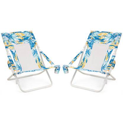 Folding Low Beach Chair Set of 2 Patio Sling Chairs with Padded Head Pillow-Blue