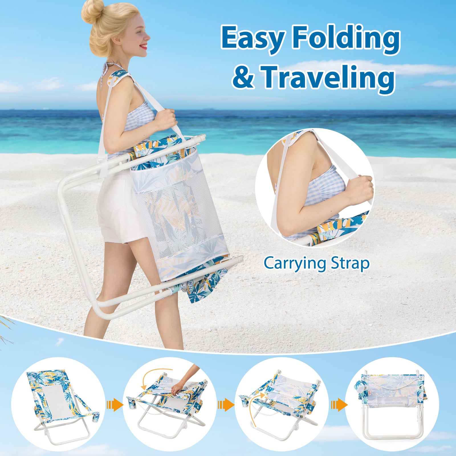 Folding Low Beach Chair Set of 2 Patio Sling Chairs with Padded Head Pillow-Blue