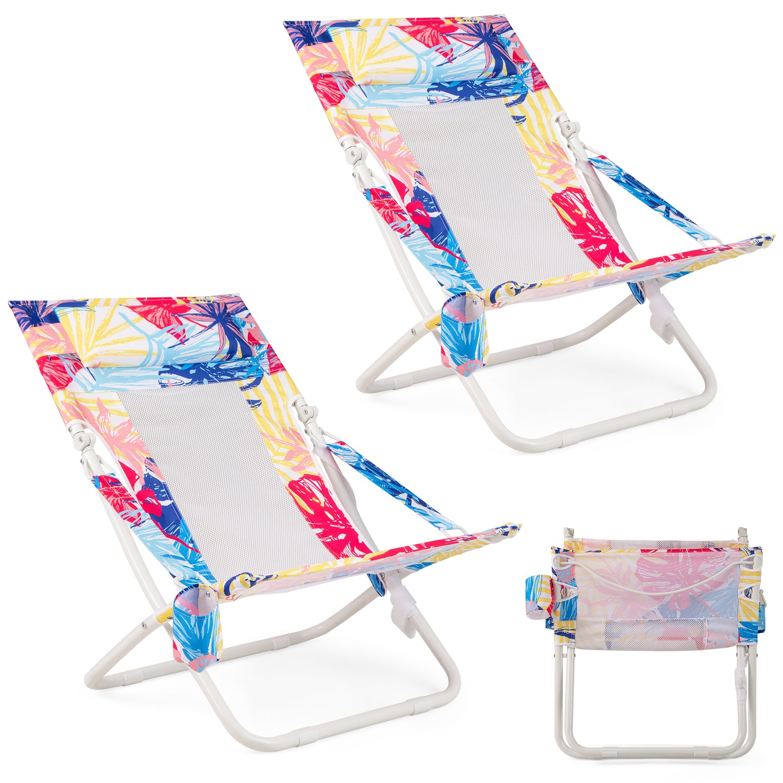 Folding Low Beach Chair Set of 2 Patio Sling Chairs with Padded Head Pillow-Pink