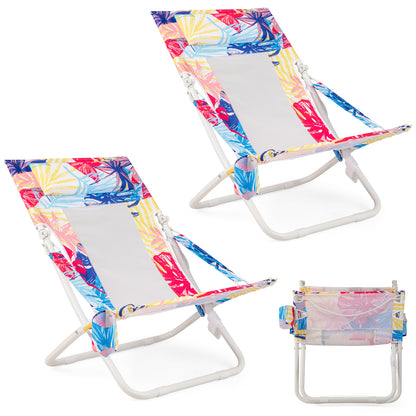 Folding Low Beach Chair Set of 2 Patio Sling Chairs with Padded Head Pillow-Pink