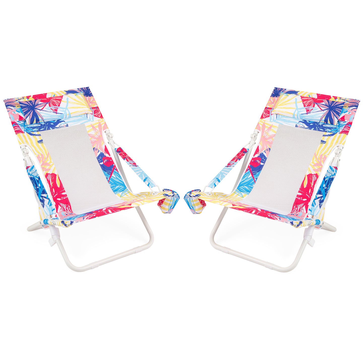 Folding Low Beach Chair Set of 2 Patio Sling Chairs with Padded Head Pillow-Pink