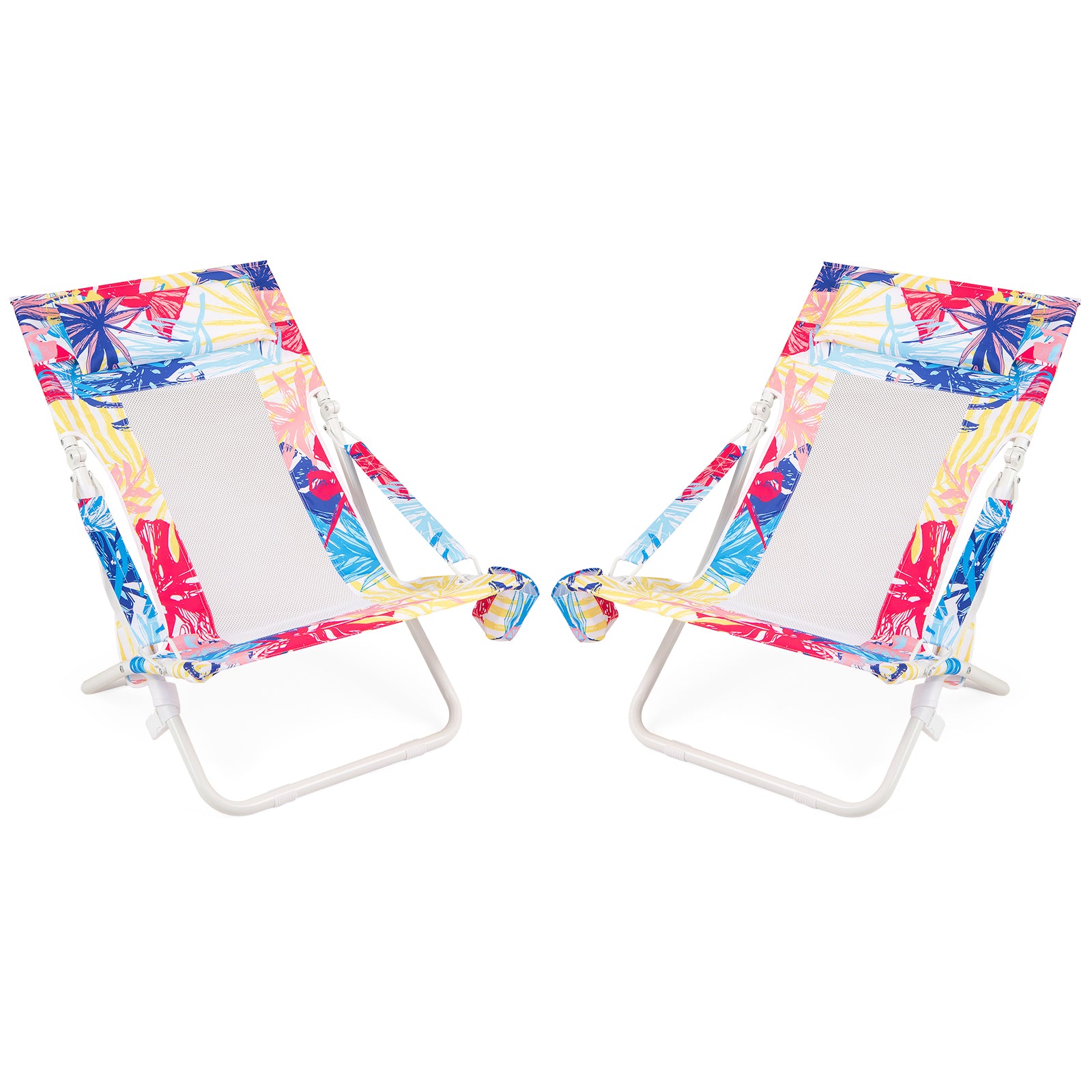 Folding Low Beach Chair Set of 2 Patio Sling Chairs with Padded Head Pillow-Pink