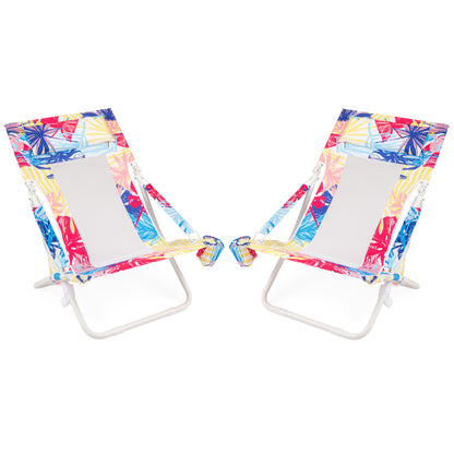 Folding Low Beach Chair Set of 2 Patio Sling Chairs with Padded Head Pillow-Pink