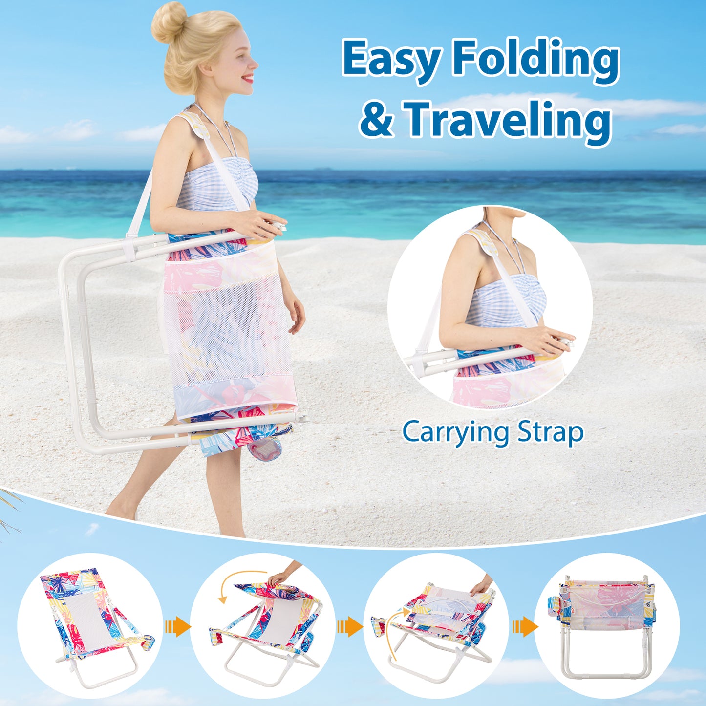Folding Low Beach Chair Set of 2 Patio Sling Chairs with Padded Head Pillow-Pink