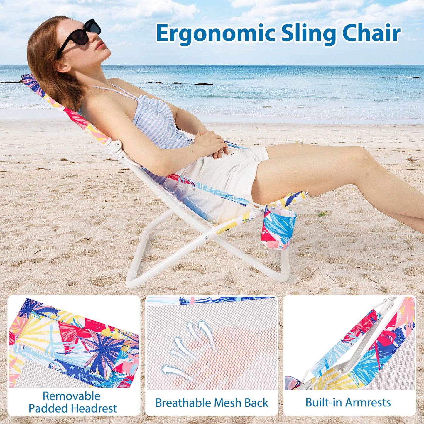 Folding Low Beach Chair Set of 2 Patio Sling Chairs with Padded Head Pillow-Pink