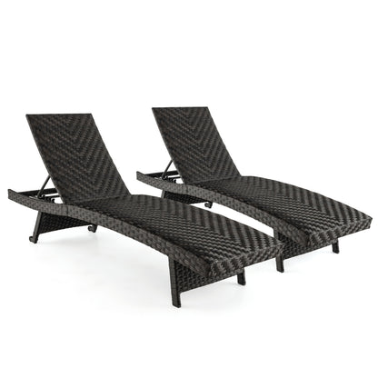 Folding Rattan Chaise Lounge Set of 2 with Adjustable Backrest