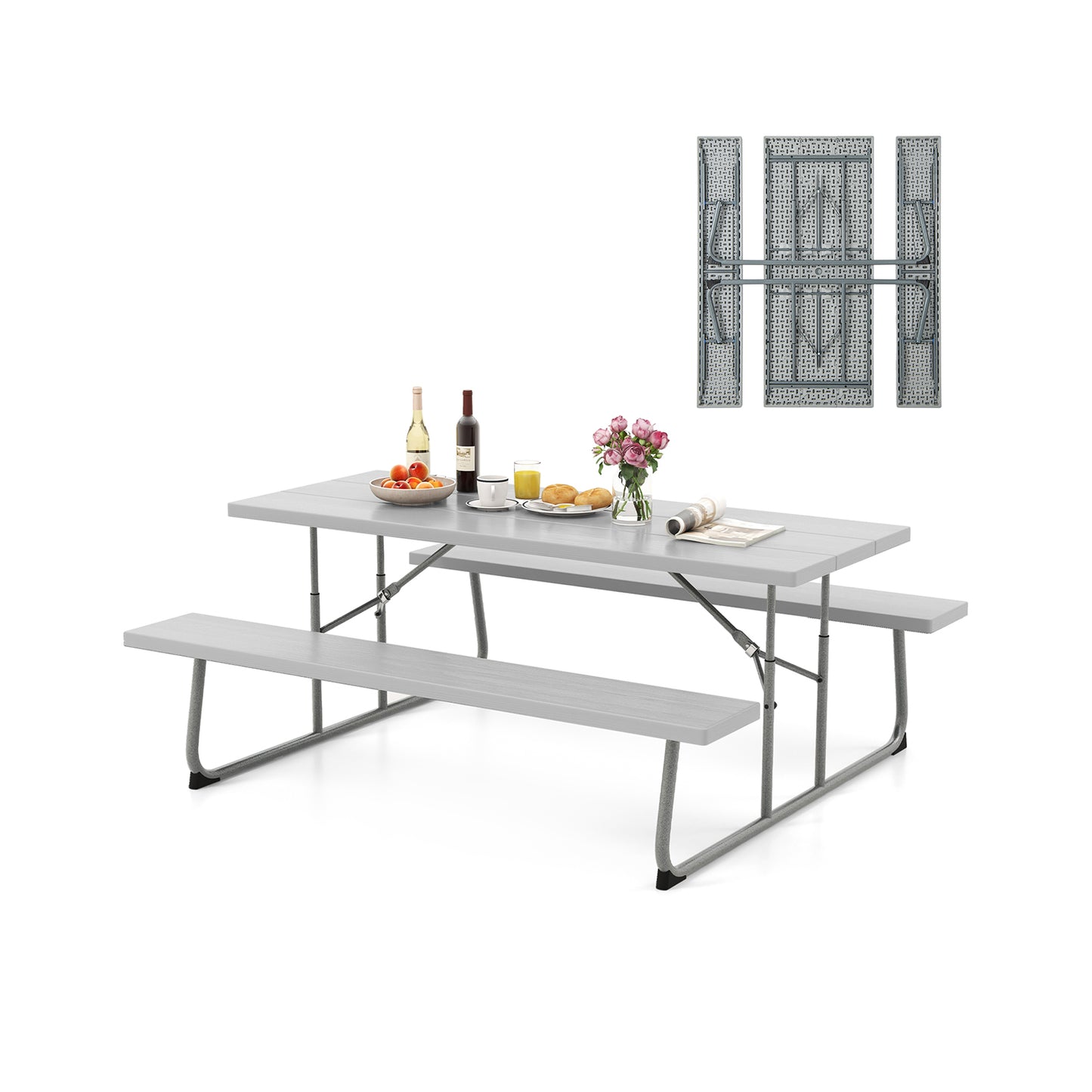 Folding Picnic Table Set with Metal Frame and All-Weather HDPE Tabletop Umbrella Hole-Green - Gray