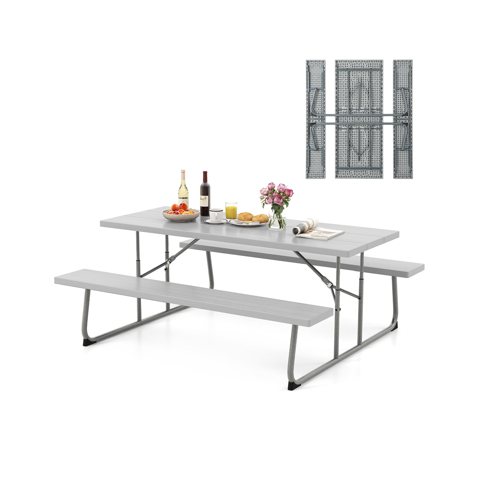 Folding Picnic Table Set with Metal Frame and All-Weather HDPE Tabletop Umbrella Hole-Green - Gray