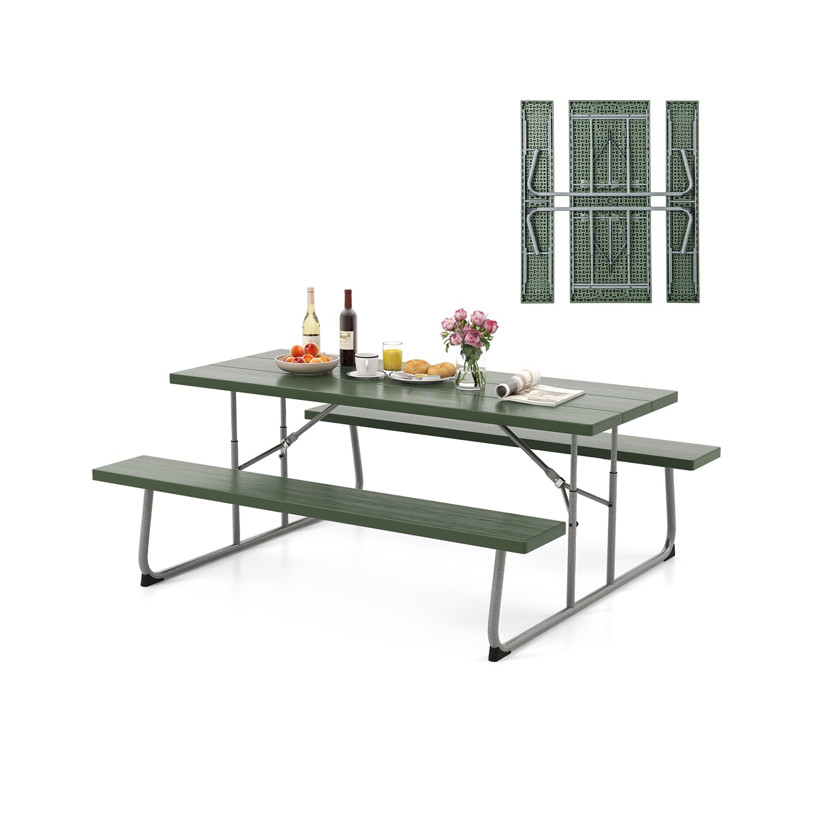 Folding Picnic Table Set with Metal Frame and All-Weather HDPE Tabletop Umbrella Hole-Green - Green