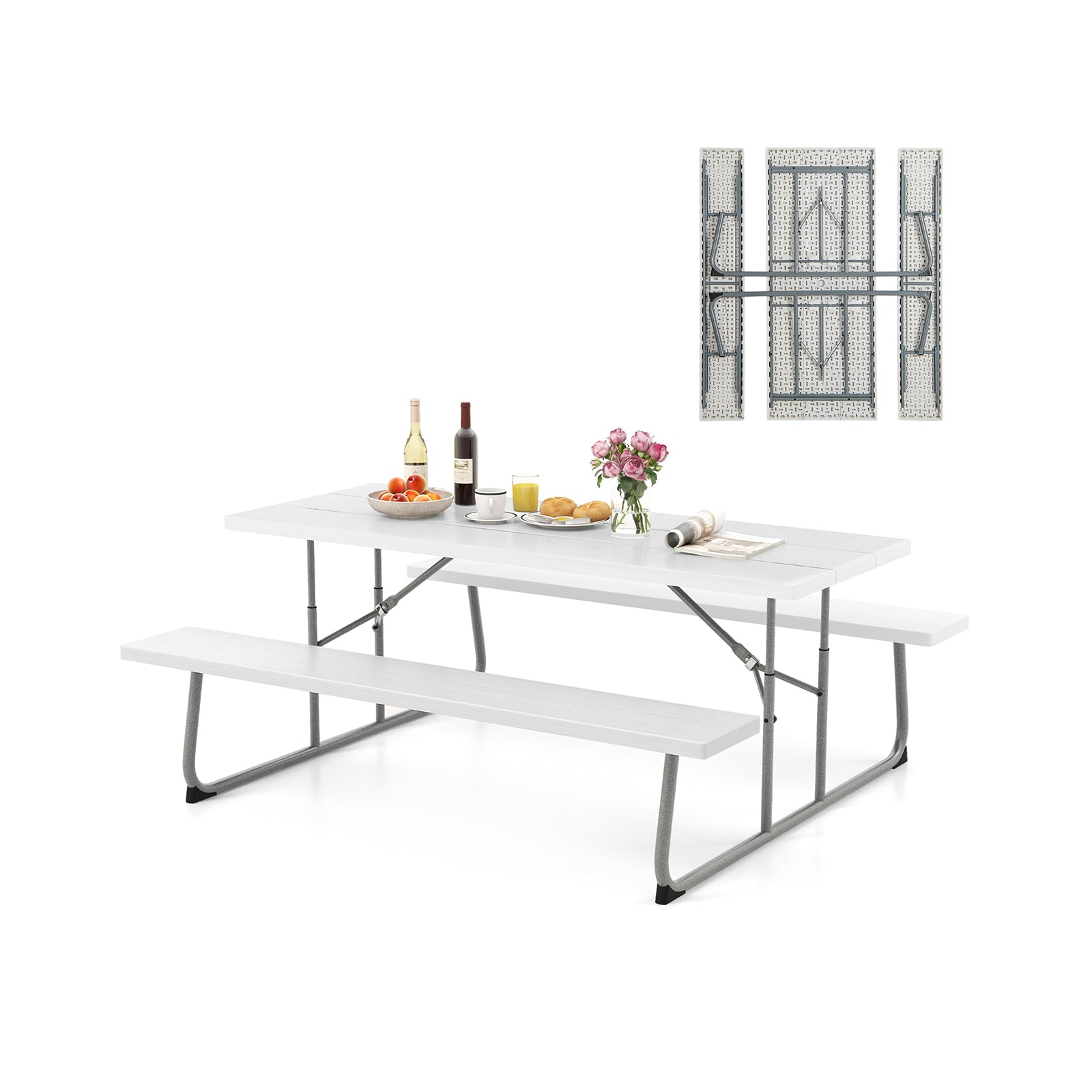 Folding Picnic Table Set with Metal Frame and All-Weather HDPE Tabletop Umbrella Hole-Green - White