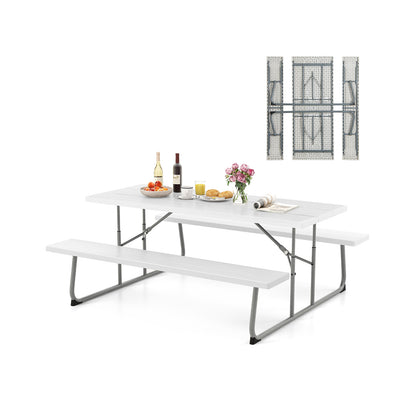 Folding Picnic Table Set with Metal Frame and All-Weather HDPE Tabletop Umbrella Hole-Green - White