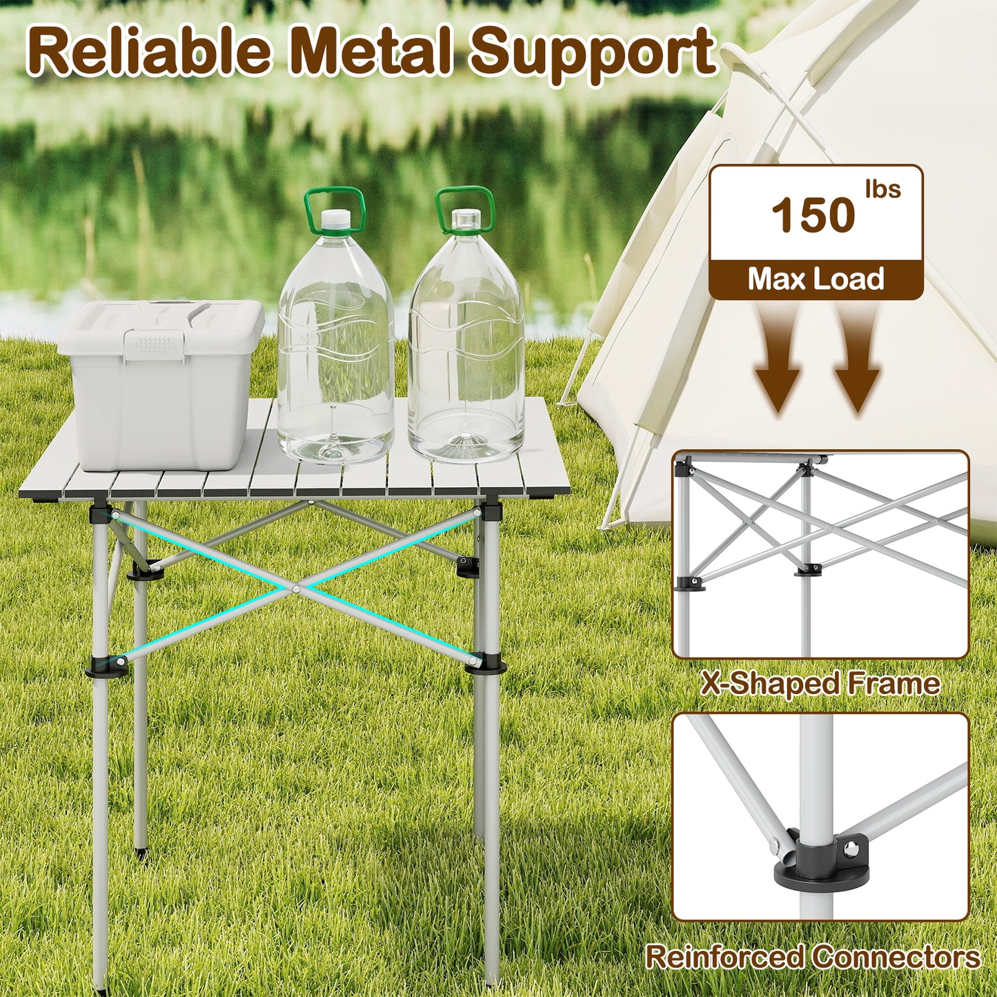 Folding Roll-up Camping Table with Metal Legs-Silver