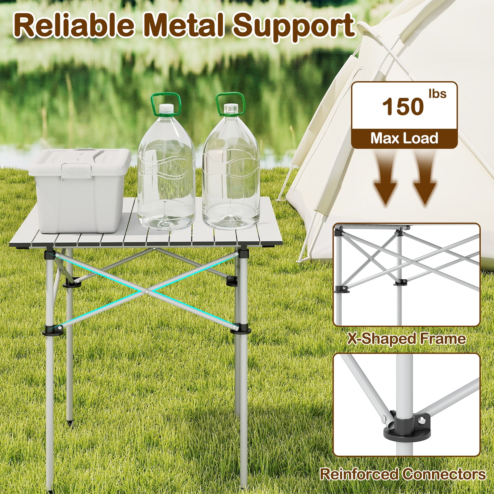 Folding Roll-up Camping Table with Metal Legs-Silver