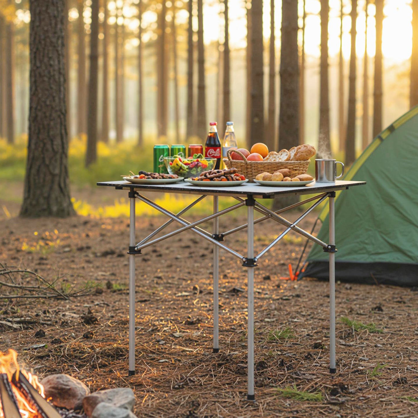 Folding Roll-up Camping Table with Metal Legs-Silver