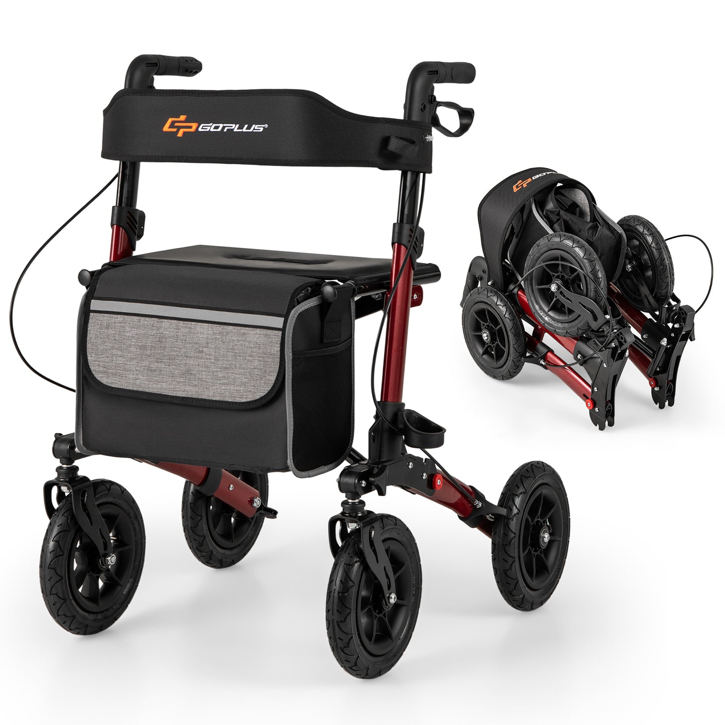 Folding Rollator Walker for Seniors with Seat for All Terrain-Red - Red