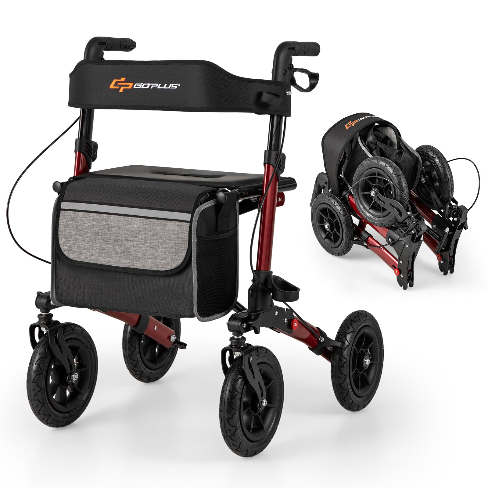 Folding Rollator Walker for Seniors with Seat for All Terrain-Red - Red