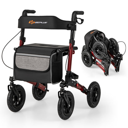 Folding Rollator Walker for Seniors with Seat for All Terrain-Red - Red
