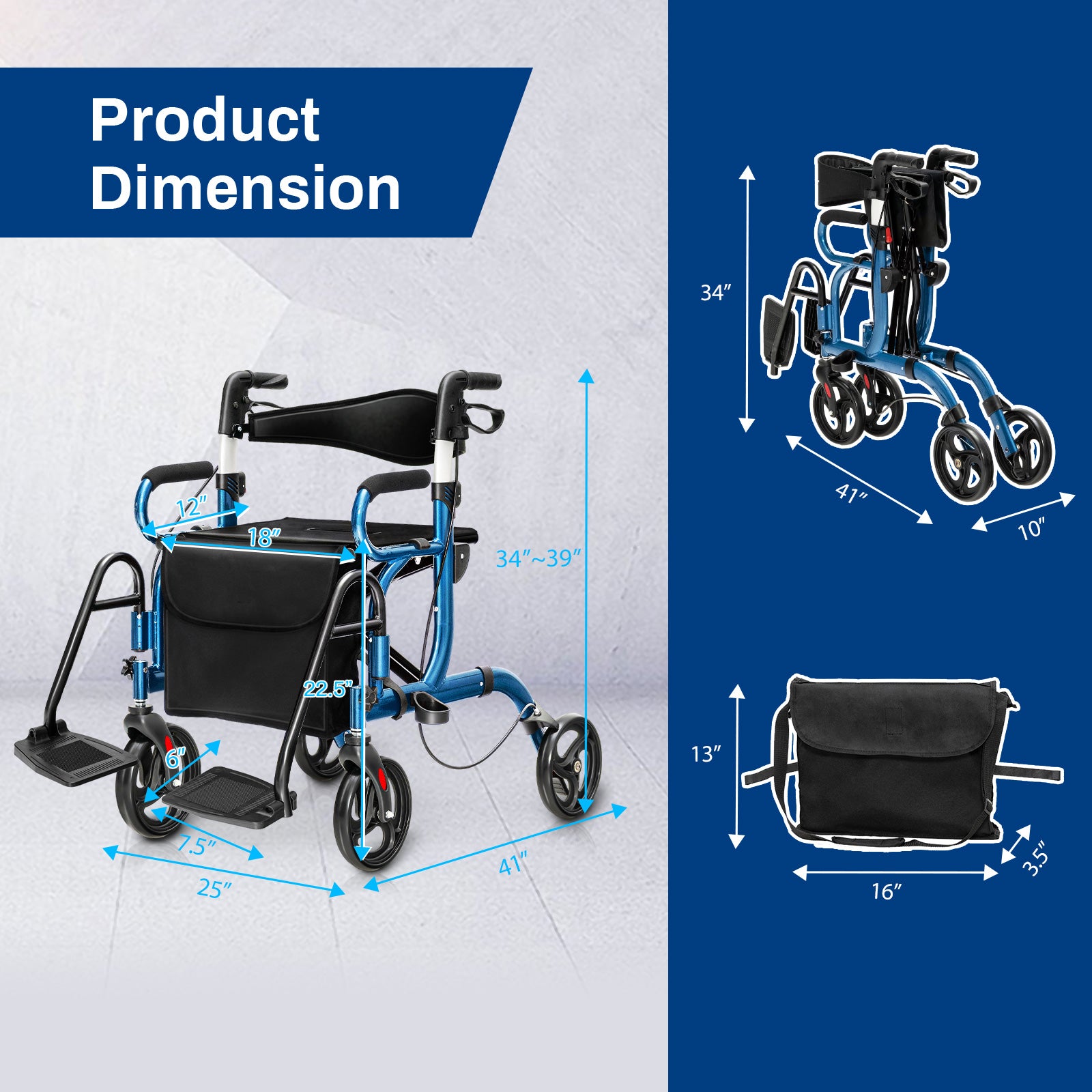Folding Rollator Walker with 8-inch Wheels and Seat-Navy - Navy