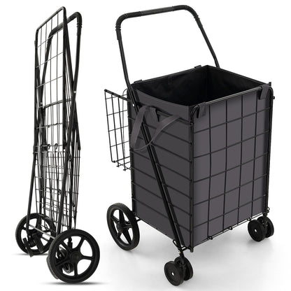 Folding Rolling Shopping Cart with Waterproof Liner and Basket-Black