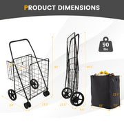 Folding Rolling Shopping Cart with Waterproof Liner and Basket-Black
