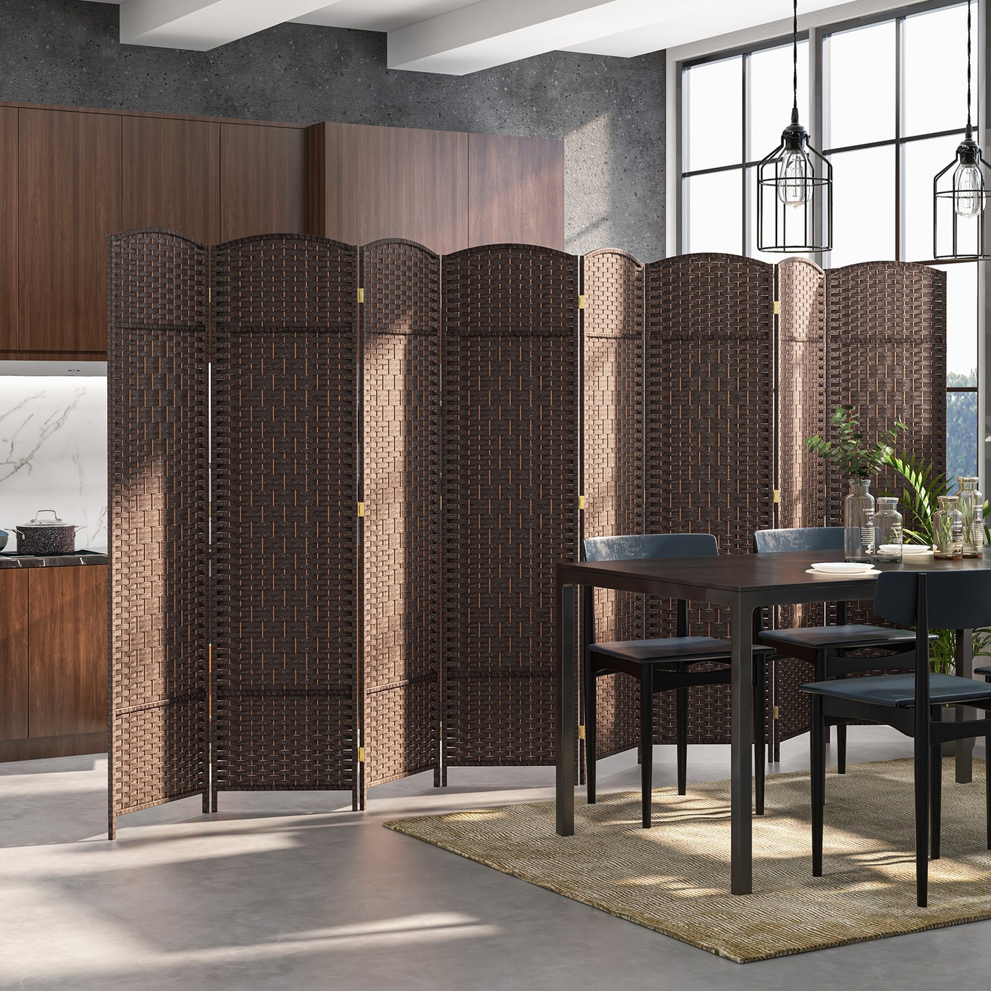 8-Panel Folding Room Divider with Hand-Woven Texture and Solid Wood Frame-Bown