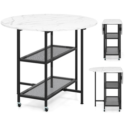 Folding Round Dining Table with Lockable Wheels-White - White
