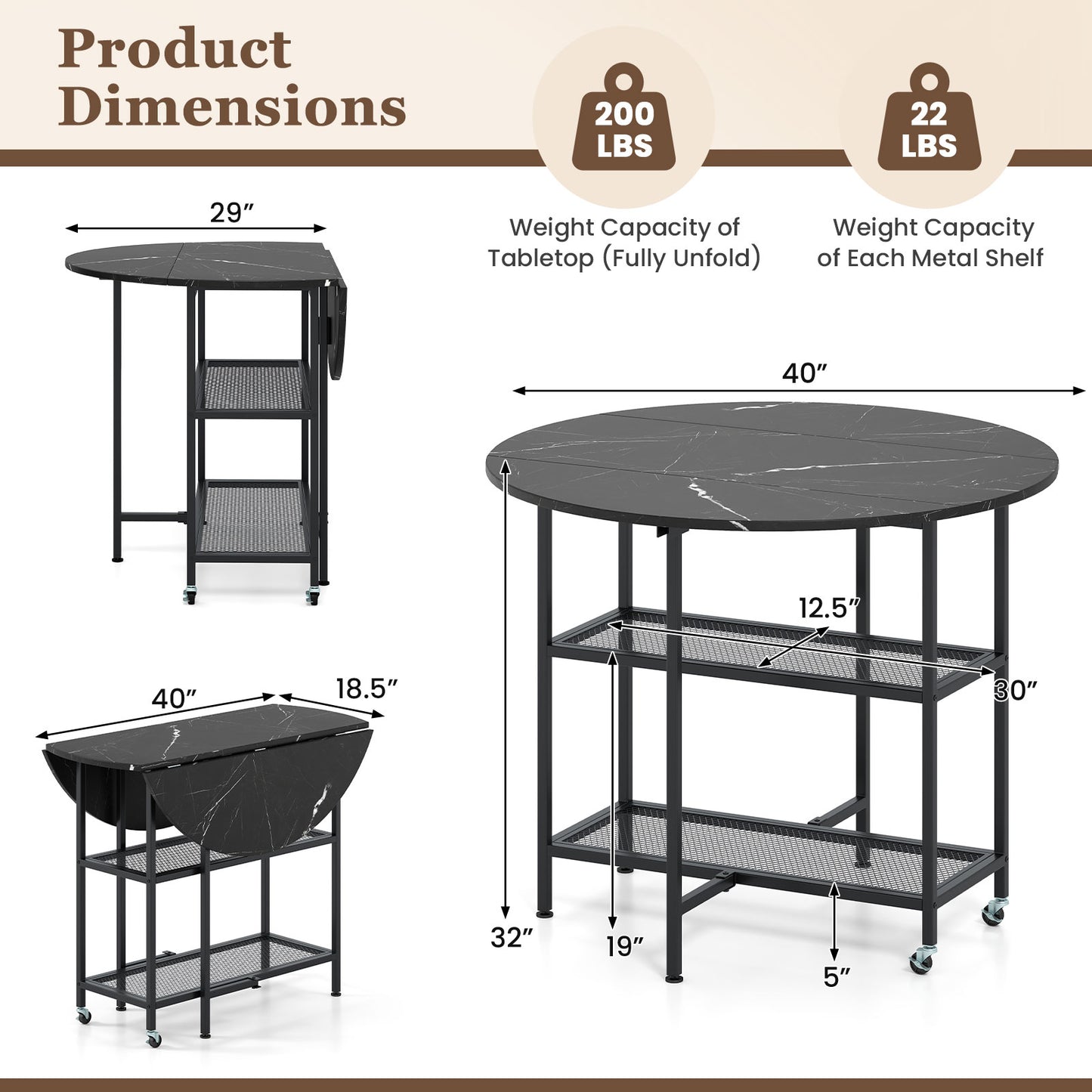 Folding Round Dining Table with Lockable Wheels