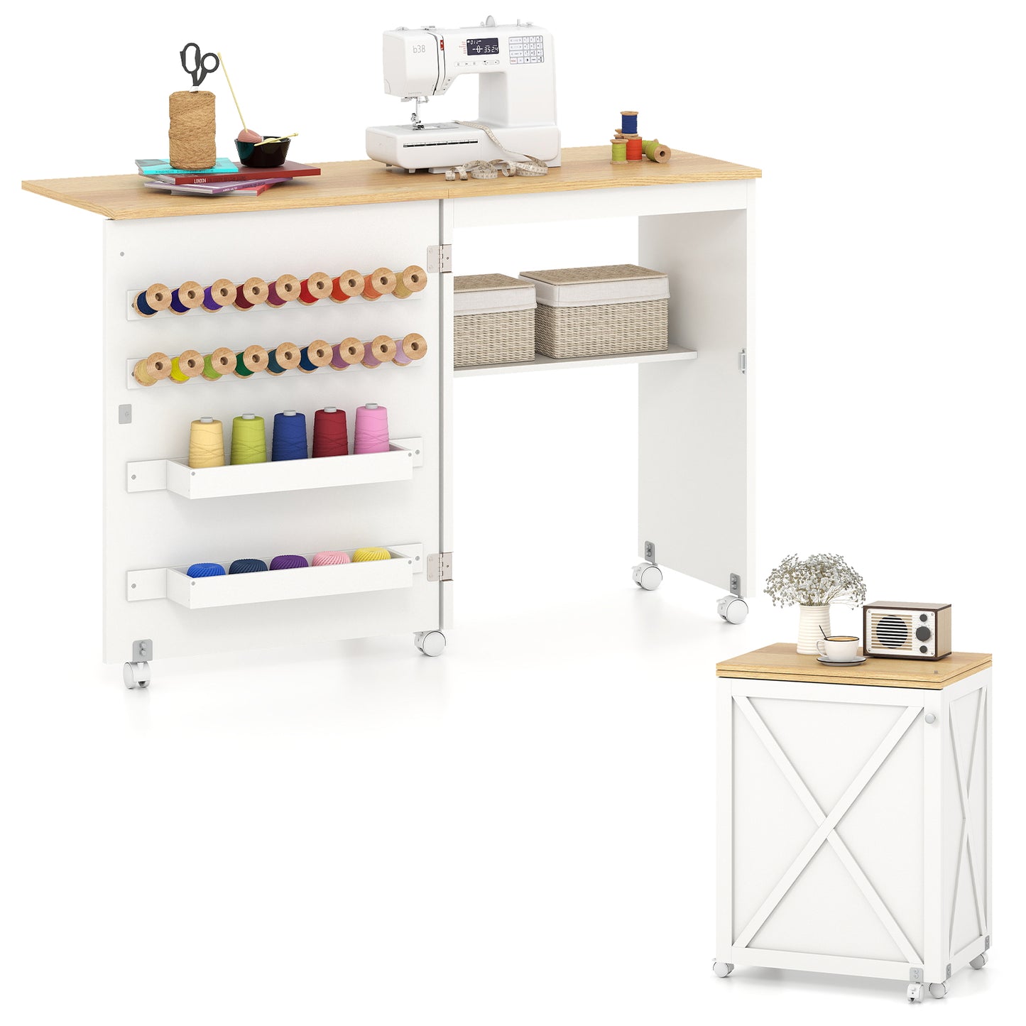 Folding Sewing Table with Storage Shelf and 5 Lockable Wheels-Natural - Natural And White
