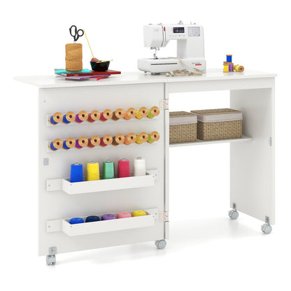 Folding Sewing Table with Storage Shelf and 5 Lockable Wheels-Natural - White