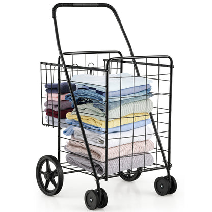 Folding Shopping Cart for Laundry with Swiveling Wheels and Dual Storage Baskets