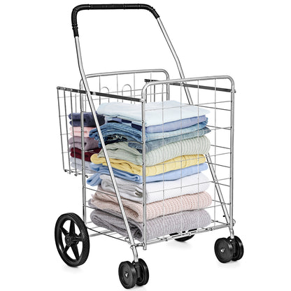 Folding Shopping Cart for Laundry with Swiveling Wheels and Dual Storage Baskets-Sliver - Sliver