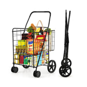 Folding Shopping Cart for Laundry with Swiveling Wheels and Dual Storage Baskets-Black