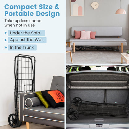 Folding Shopping Cart for Laundry with Swiveling Wheels and Dual Storage Baskets