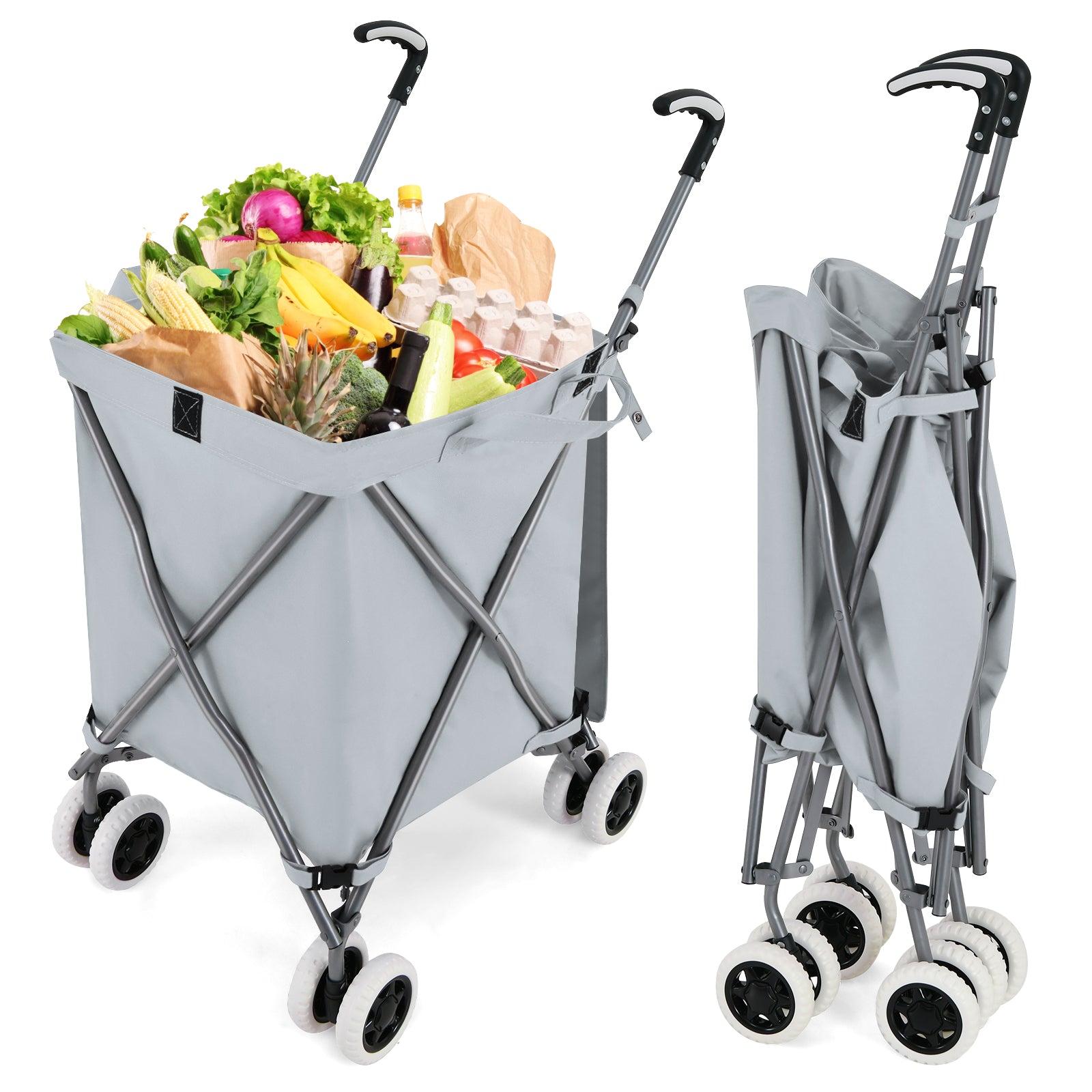 Folding Shopping Utility Cart with Water-Resistant Removable Canvas Bag-Blue - Grey