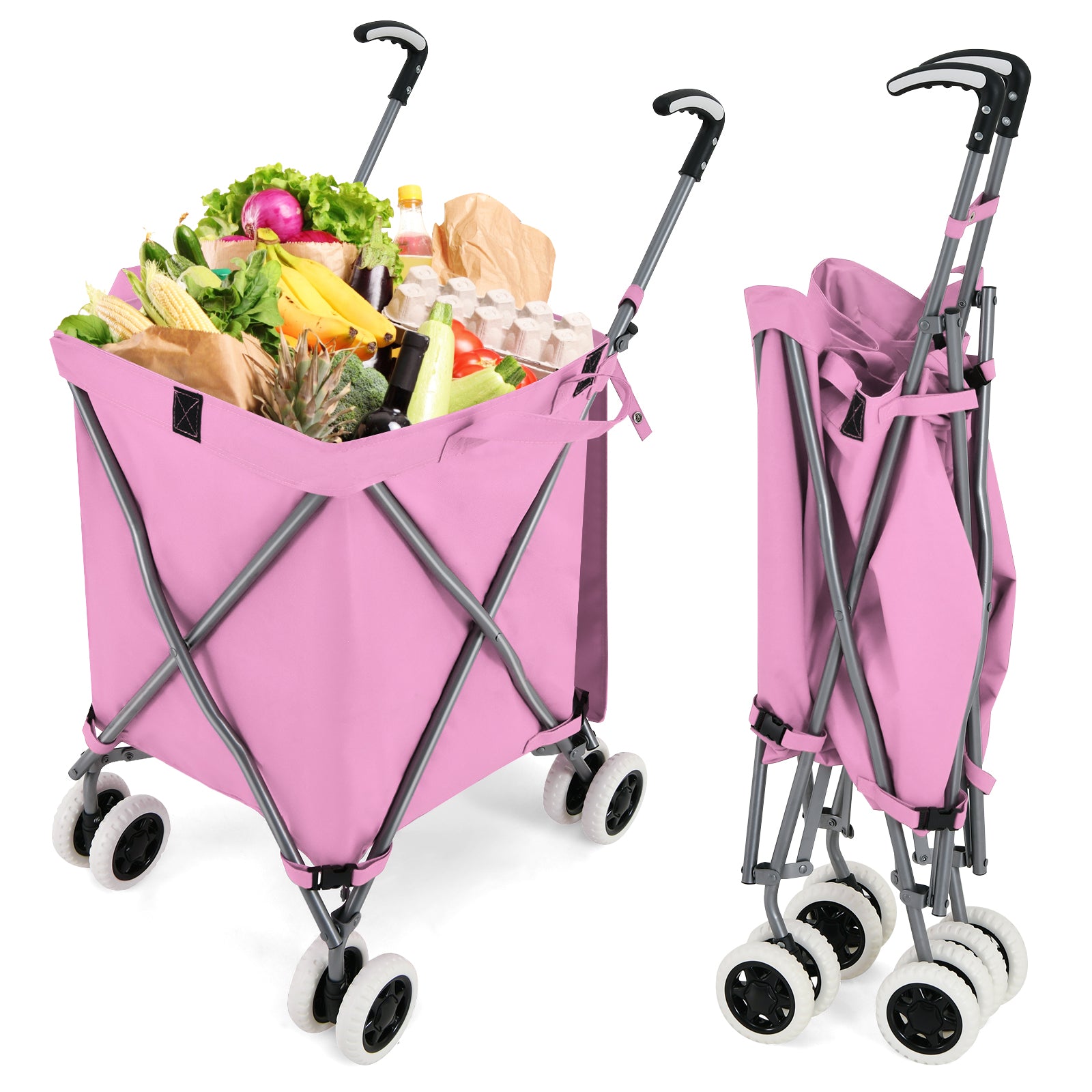 Folding Shopping Utility Cart with Water-Resistant Removable Canvas Bag-Blue - Pink