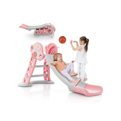 3-in-1 Folding Slide Playset with Basketball Hoop and Small Basketball-Blue - Pink
