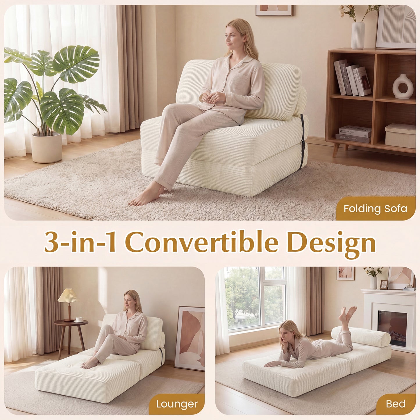 Folding Sofa Bed with Pillow and Back Support for Living Room
