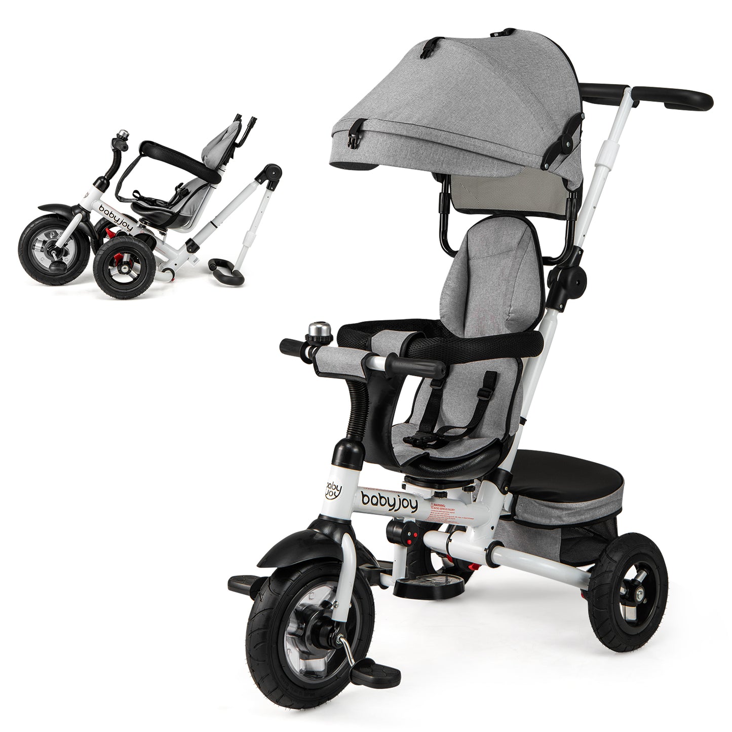 Folding Tricycle Baby Stroller with Reversible Seat and Adjustable Canopy-Pink - Gray