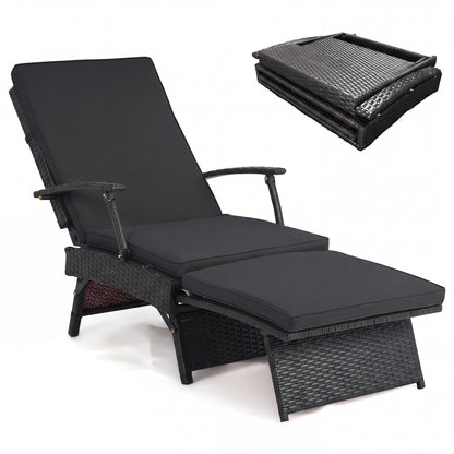 Folding Wicker Chaise Lounge with Adjustable Backrest & Ottoman