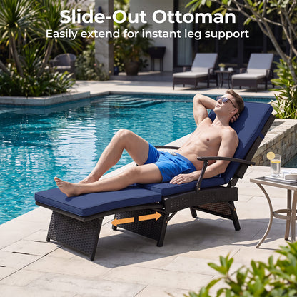 Folding Wicker Chaise Lounge with Adjustable Backrest & Ottoman