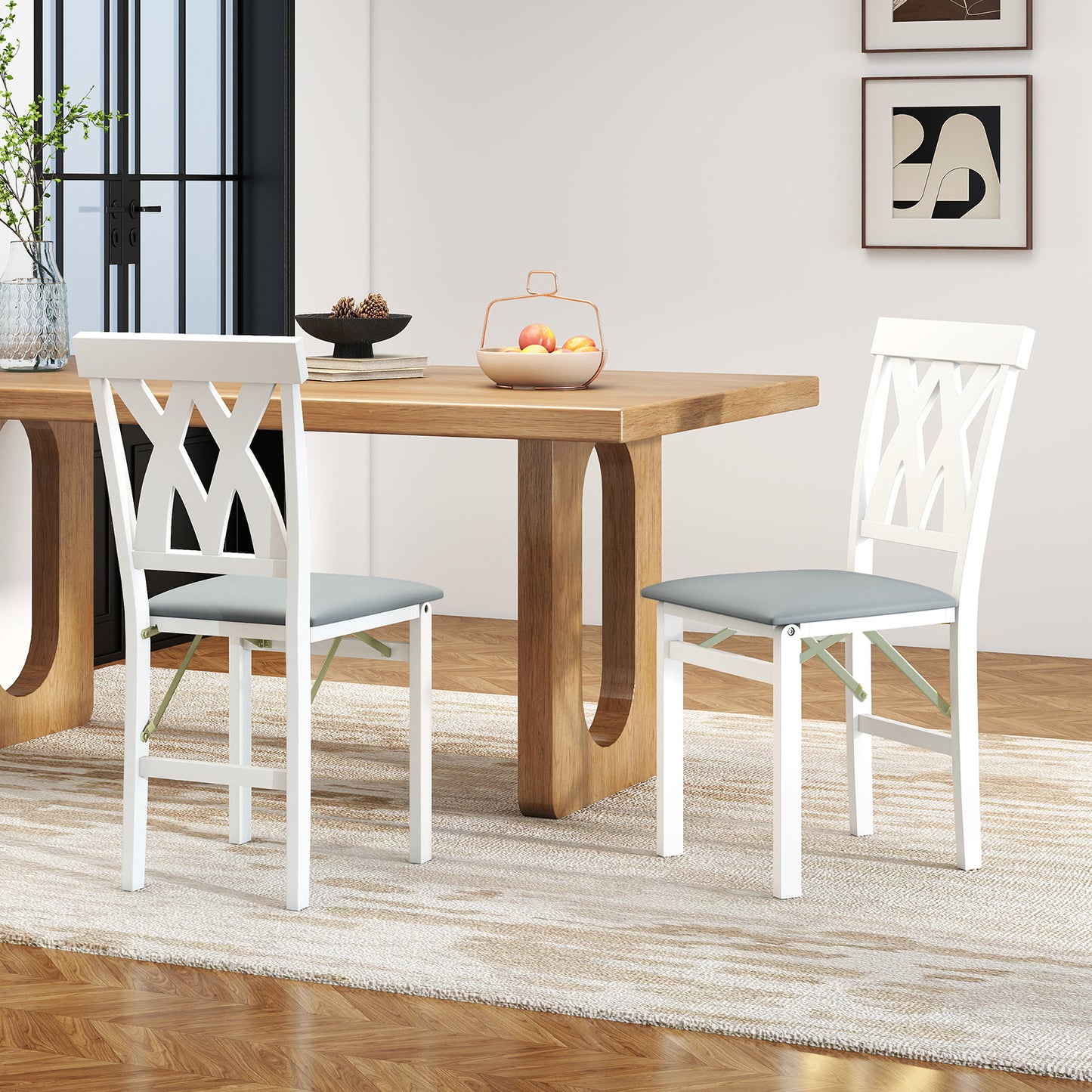 Folding Wooden Dining Chair Set of 2 Faux Leather Upholstered Kitchen Armless Chairs-White