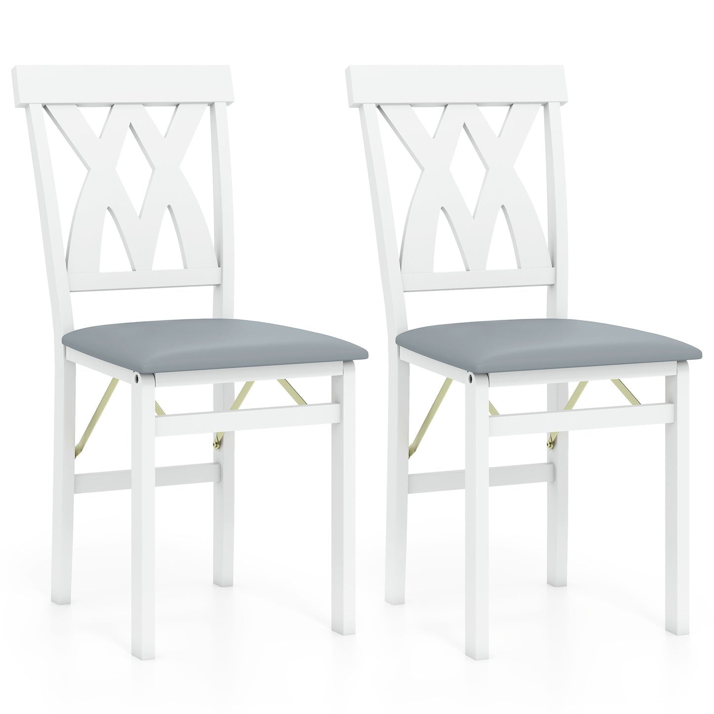 Folding Wooden Dining Chair Set of 2 Faux Leather Upholstered Kitchen Armless Chairs-White
