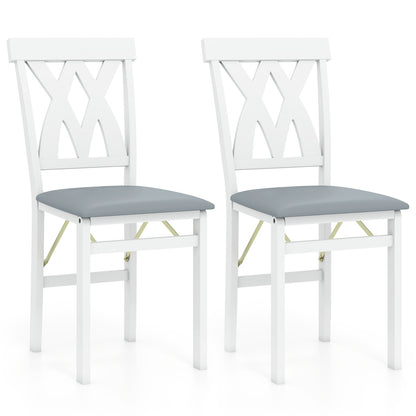 Folding Wooden Dining Chair Set of 2 Faux Leather Upholstered Kitchen Armless Chairs-White