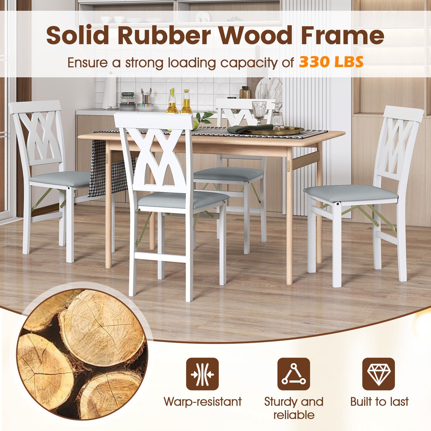 Folding Wooden Dining Chair Set of 2 Faux Leather Upholstered Kitchen Armless Chairs-White